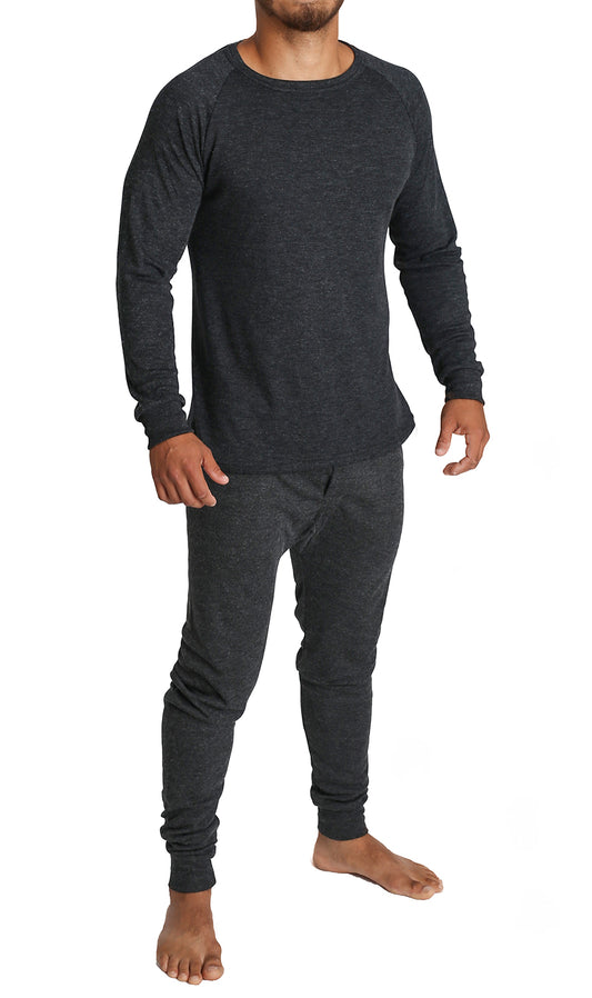 2pcs Set Mens Merino Wool Blend Long Sleeve Thermal Top & Long Johns Pants Underwear - Black - XL
