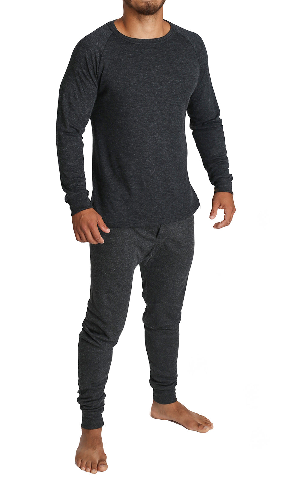 2pcs Set Mens Merino Wool Blend Long Sleeve Thermal Top & Long Johns Pants Underwear - Black - XXL