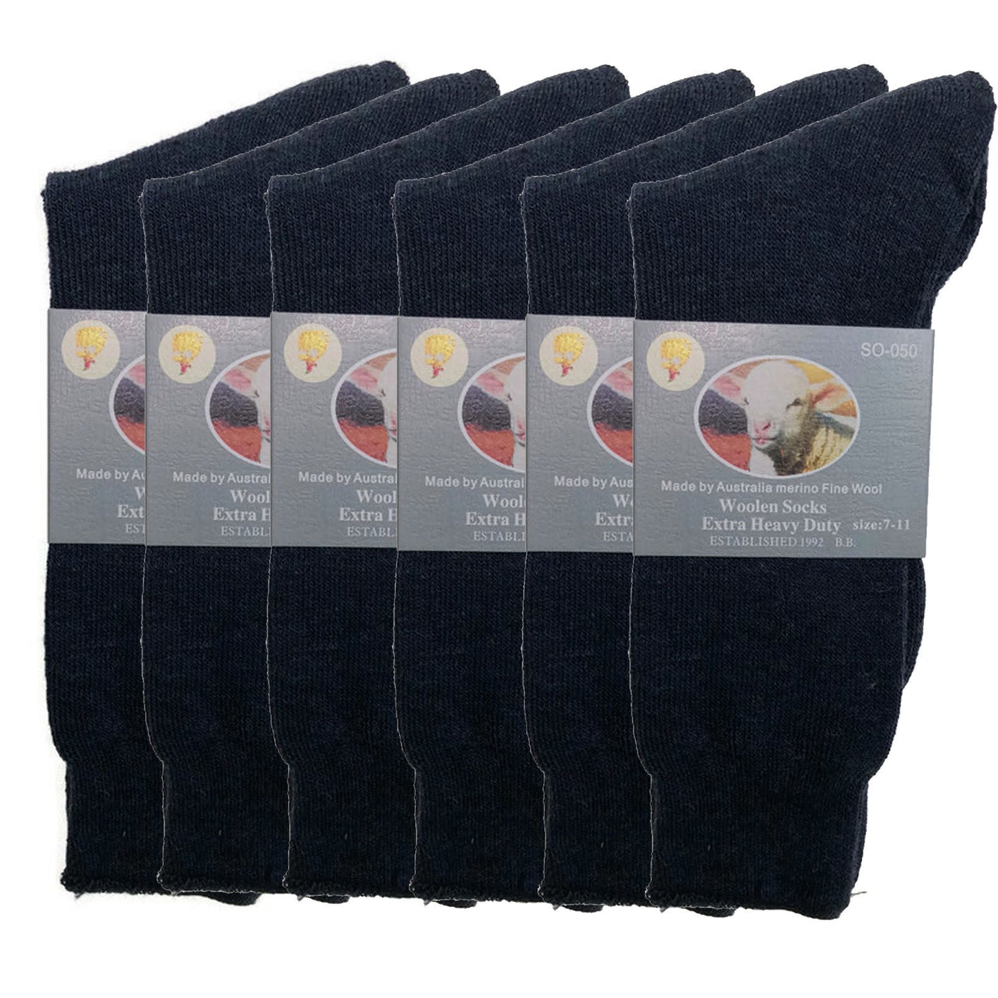 6 Pairs Merino Wool Blend Woolen Work Socks Hiking Heavy Duty Warm Thermal Bulk - Navy - 11-14
