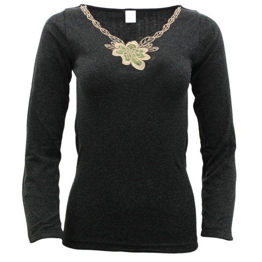 Ladies Merino Wool Blend Long Sleeve Thermal Spencer Top Thermals Underwear - Black - 12-14