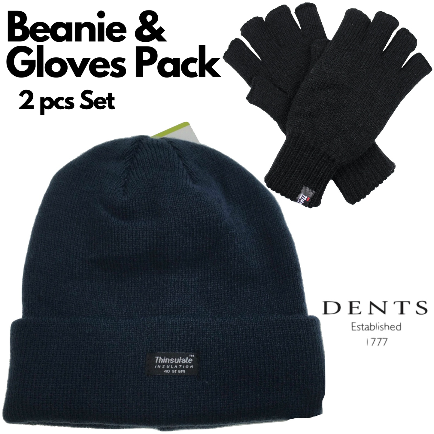 Dents 2pcs Set Mens 3M Thinsulate Pull-On Beanie + Knitted Fingerless Gloves
