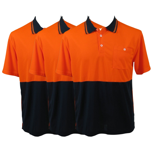 3x HI VIS Polo Shirt Top Tee Safety Workwear Short Sleeve Breathable Mesh BULK - Orange/Navy - 3XL (24)