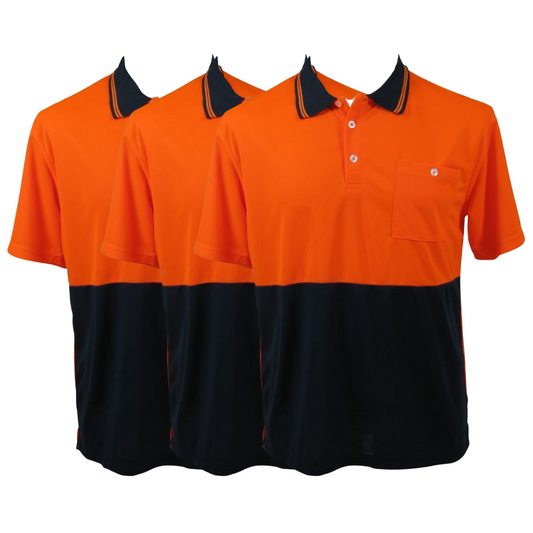 3x HI VIS Polo Shirt Top Tee Safety Workwear Short Sleeve Breathable Mesh BULK - Orange/Navy - L (18)