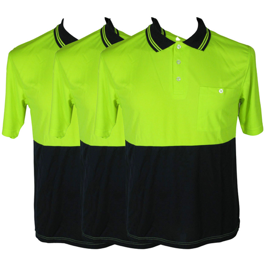 3x HI VIS Polo Shirt Top Tee Safety Workwear Short Sleeve Breathable Mesh BULK - Yellow/Navy - XXL (20)
