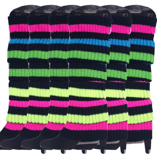 6x Womens Leg Warmers Disco Winter Knit Dance Party Crochet Legging Socks Costume - Rainbow with Black Stripe