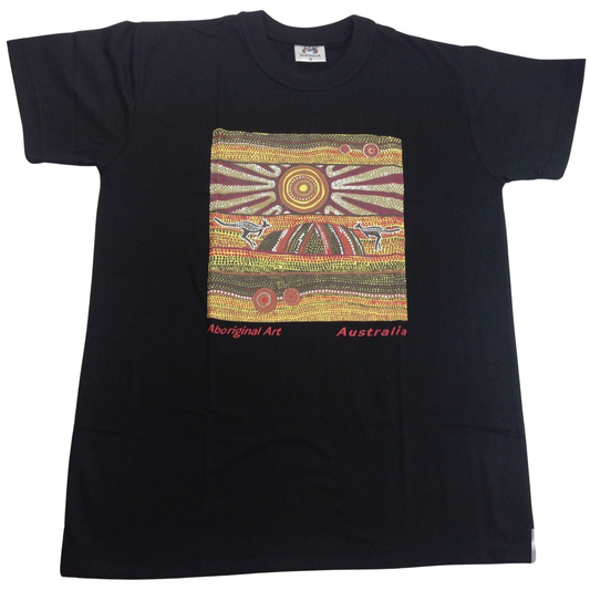 Mens Australia T Shirt Aboriginal Art 100% Cotton Souvenir Indigenous Tee - Black - M