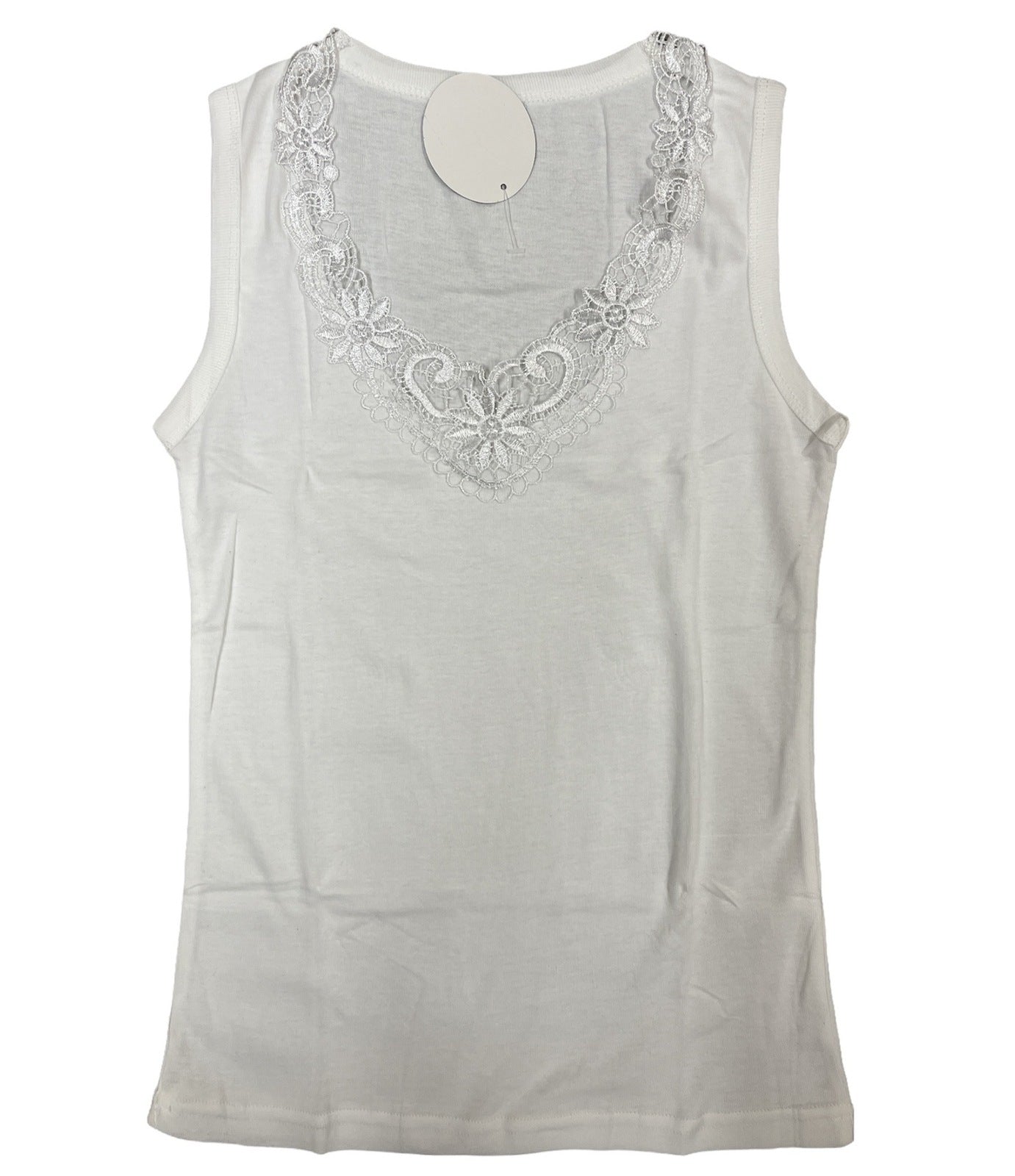Ladies Sleeveless Singlet Top Womens Summer Basic Tank Shirt Lace Motif Front - Natural - 14-16
