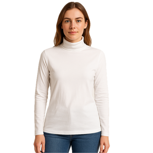 Ladies SKIVVY Womens Long Sleeve Plain Top Warm Turtleneck Cotton High Neck - White - XXL