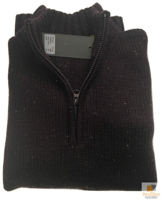 Mens Knit Jumper Pullover Sweater Knitted Casual Stretch Warm Winter  - Half Zip Burgundy 97 (KW14) - L