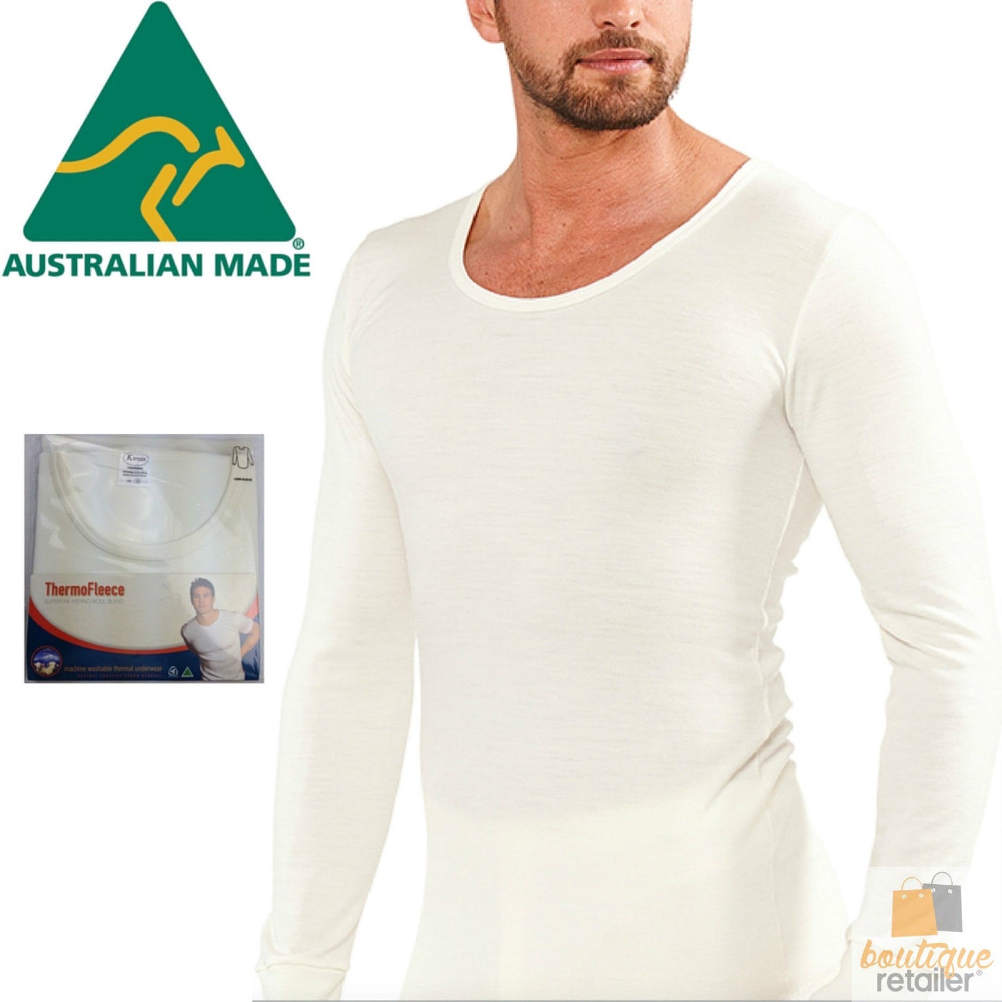 Mens THERMAL Long Sleeve Top Merino Wool Blend Underwear AUS MADE Thermals Warm - X-Large (105cm)
