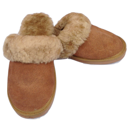 100% Sheepskin Moccasin Slippers Winter Genuine Scuffs Slip On Mens Womens - Chestnut (with fur) - 5