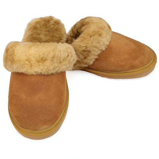 100% Sheepskin Moccasin Slippers Winter Genuine Scuffs Slip On Mens Womens - Chestnut (with fur) - 9