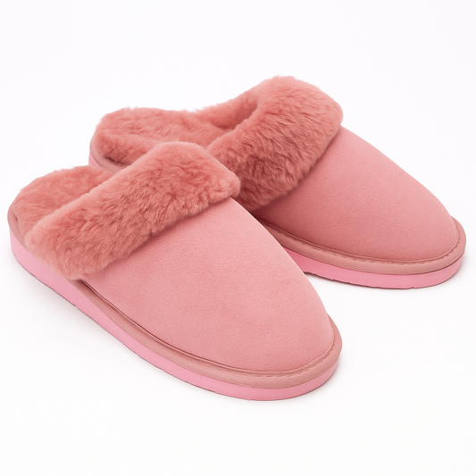 100% Sheepskin Moccasin Slippers Winter Genuine Scuffs Slip On Mens Womens - Pink (with fur) - 10