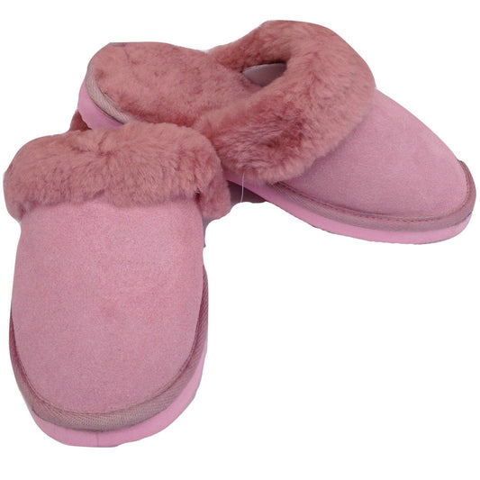 100% Sheepskin Moccasin Slippers Winter Genuine Scuffs Slip On Mens Womens - Pink (with fur) - 7