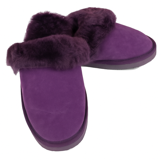 100% Sheepskin Moccasin Slippers Winter Genuine Scuffs Slip On Mens Womens - Purple (with fur) - 7