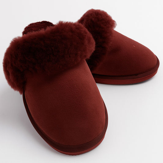 100% Sheepskin Moccasin Slippers Winter Genuine Scuffs Slip On Mens Womens - Red (with fur) - 9