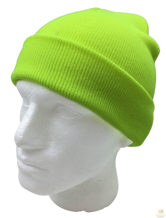PLAIN FLURO BEANIE Hi Vis Unisex Winter Warm Hat Ski Party Costume Cap Knit - Fluro Yellow