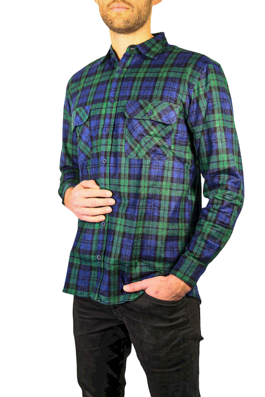 Mens Flannelette Long Sleeve Shirt 100% Cotton Check Authentic Flannel - Full Placket - Green - L