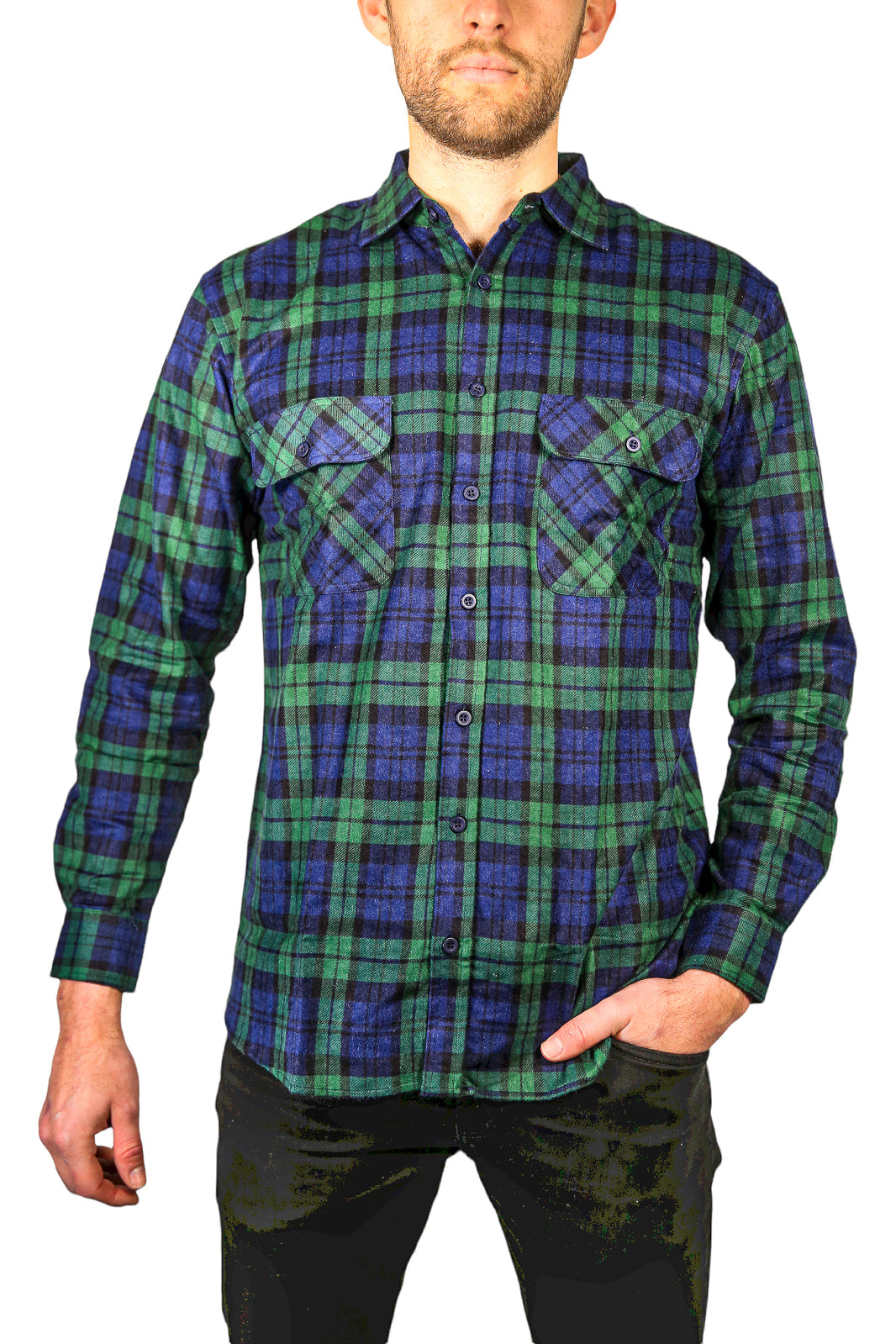 Mens Flannelette Long Sleeve Shirt 100% Cotton Check Authentic Flannel - Full Placket - Green - L