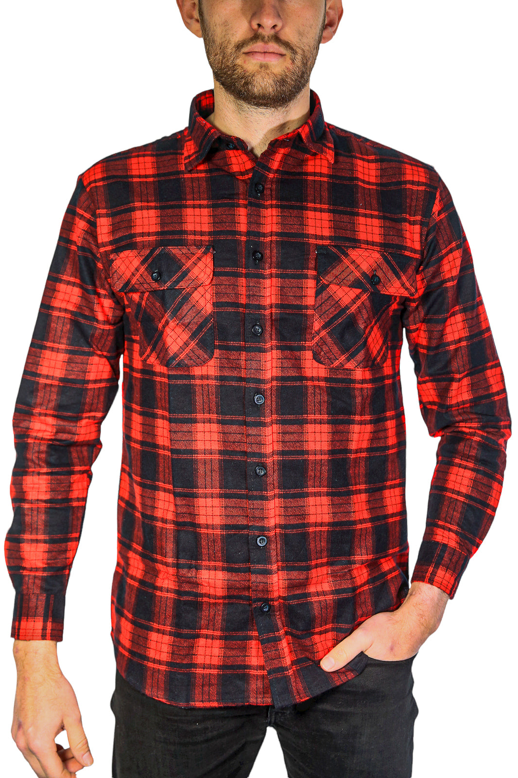 Mens Flannelette Long Sleeve Shirt 100% Cotton Check Authentic Flannel - Full Placket - Red - 3XL