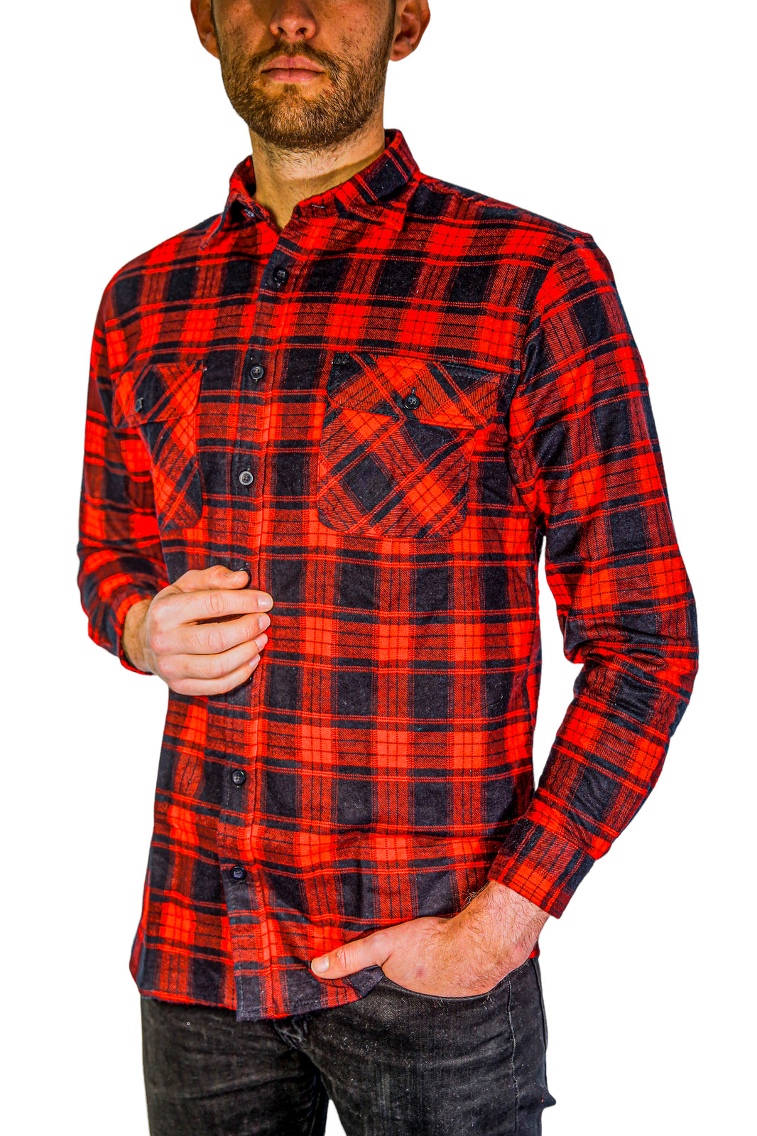 Mens Flannelette Long Sleeve Shirt 100% Cotton Check Authentic Flannel - Full Placket - Red - L