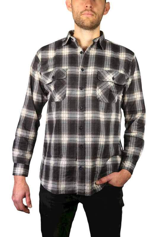 Mens Flannelette Long Sleeve Shirt 100% Cotton Check Authentic Flannel - Full Placket - Black - 4XL