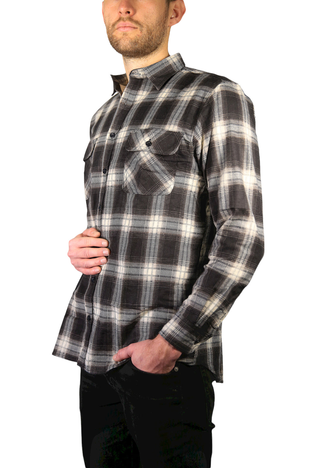 Mens Flannelette Long Sleeve Shirt 100% Cotton Check Authentic Flannel - Full Placket - Black - 4XL