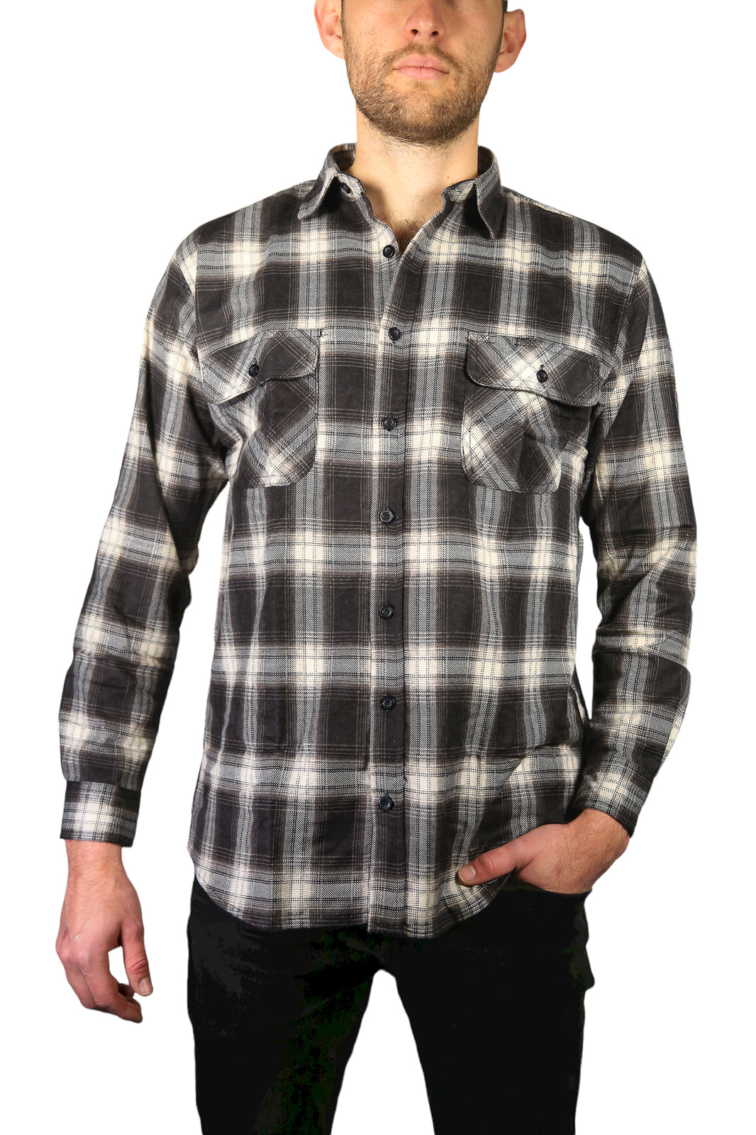 Mens Flannelette Long Sleeve Shirt 100% Cotton Check Authentic Flannel - Full Placket - Black - L