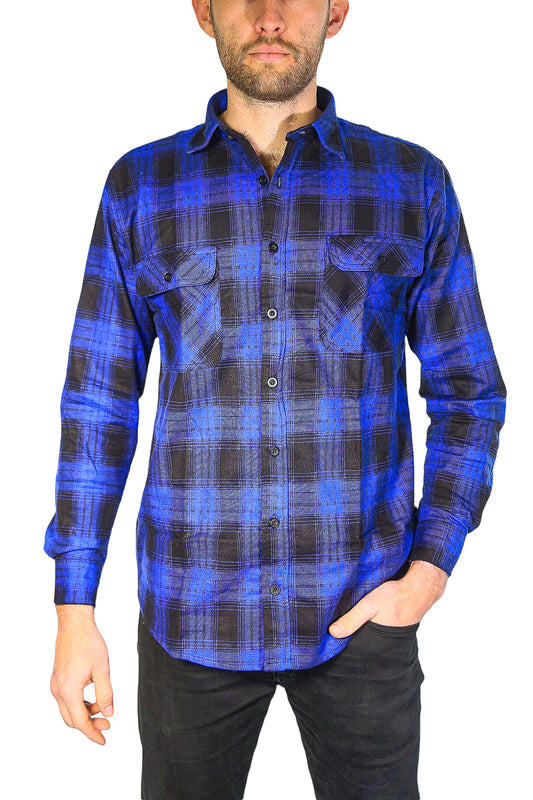 Mens Flannelette Long Sleeve Shirt 100% Cotton Check Authentic Flannel - Full Placket - Royal Blue  - 3XL