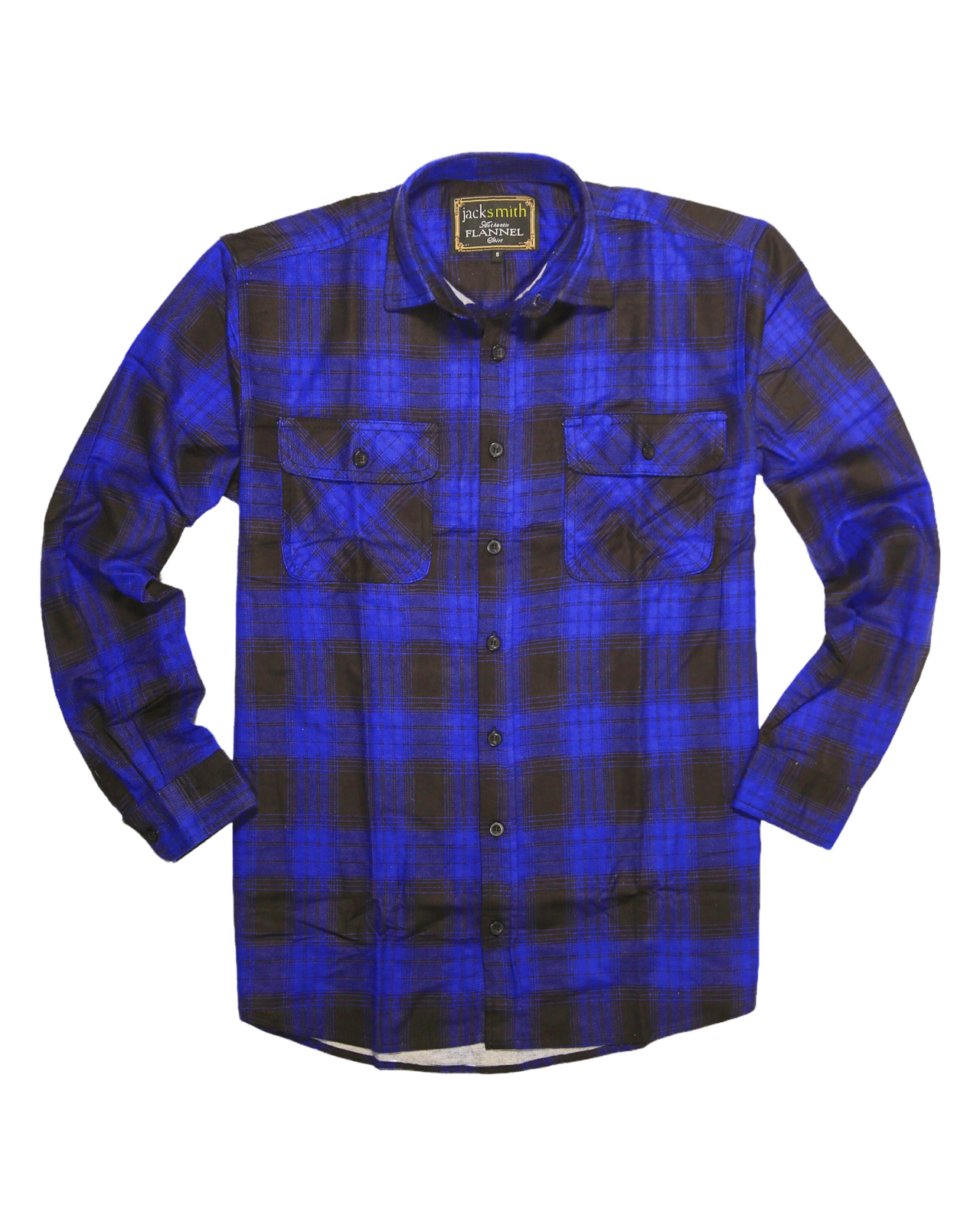 Mens Flannelette Long Sleeve Shirt 100% Cotton Check Authentic Flannel - Full Placket - Royal Blue  - L