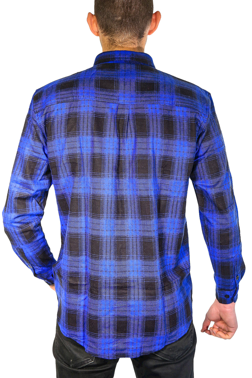 Mens Flannelette Long Sleeve Shirt 100% Cotton Check Authentic Flannel - Full Placket - Royal Blue  - M