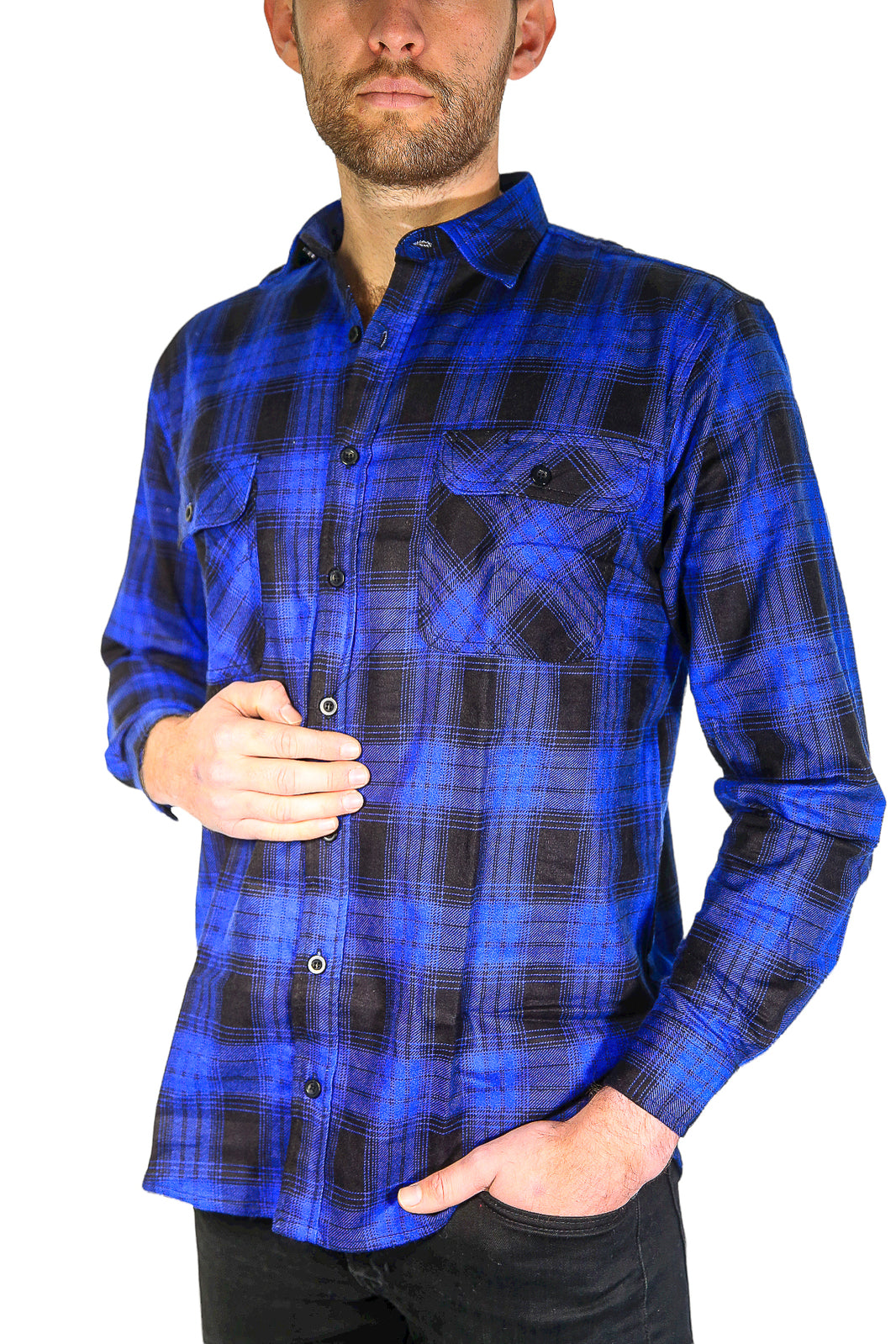 Mens Flannelette Long Sleeve Shirt 100% Cotton Check Authentic Flannel - Full Placket - Royal Blue  - M