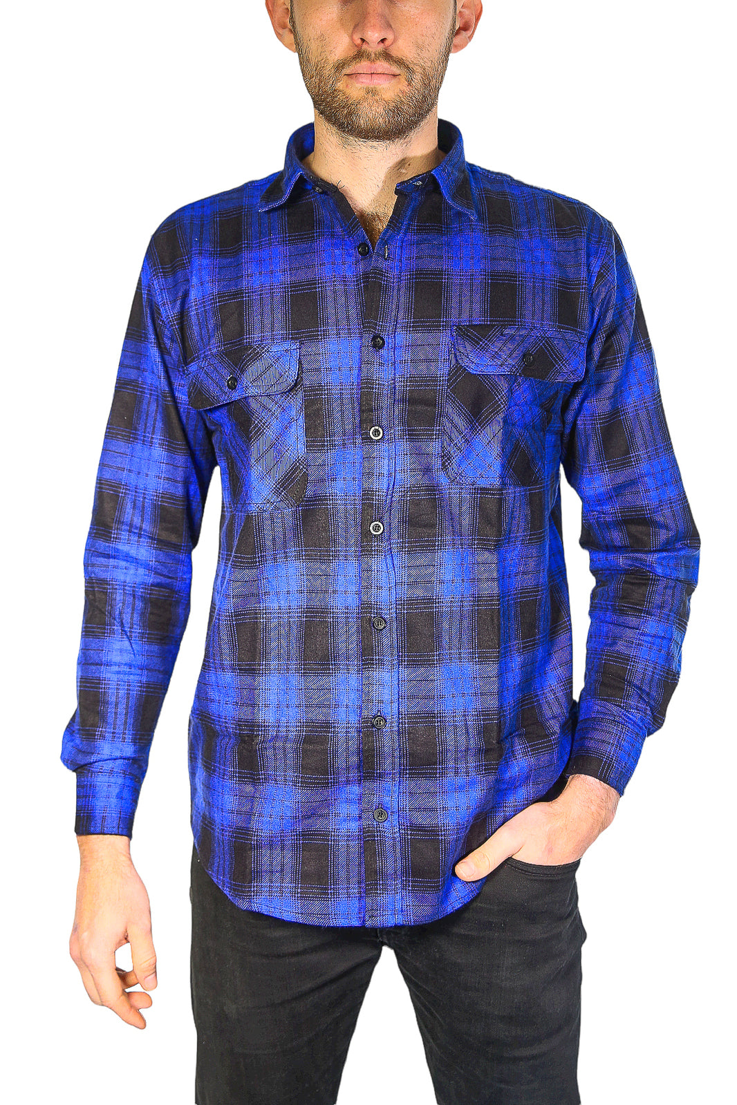 Mens Flannelette Long Sleeve Shirt 100% Cotton Check Authentic Flannel - Full Placket - Royal Blue  - XL