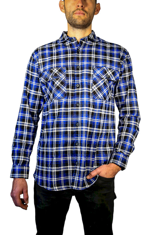 Mens 100% Cotton Flannelette Shirt Long Sleeve Check Authentic Flannel - Denim - 6XL