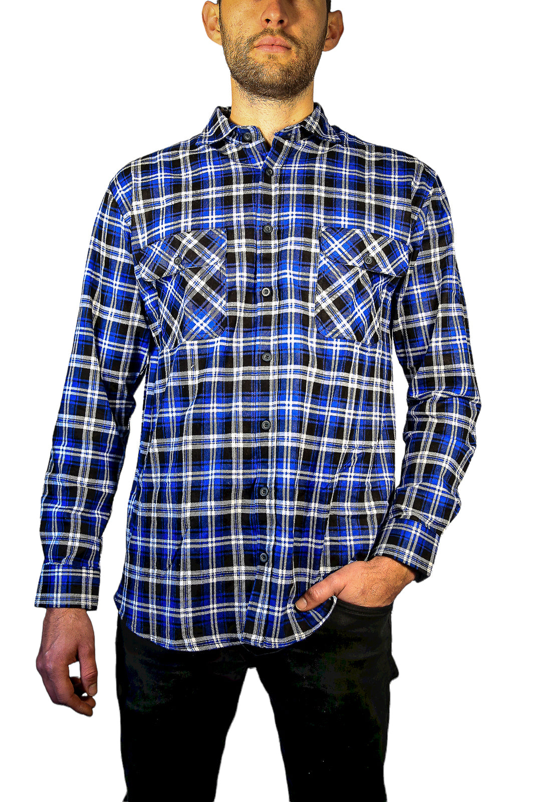 Mens 100% Cotton Flannelette Shirt Long Sleeve Check Authentic Flannel - Denim - XL
