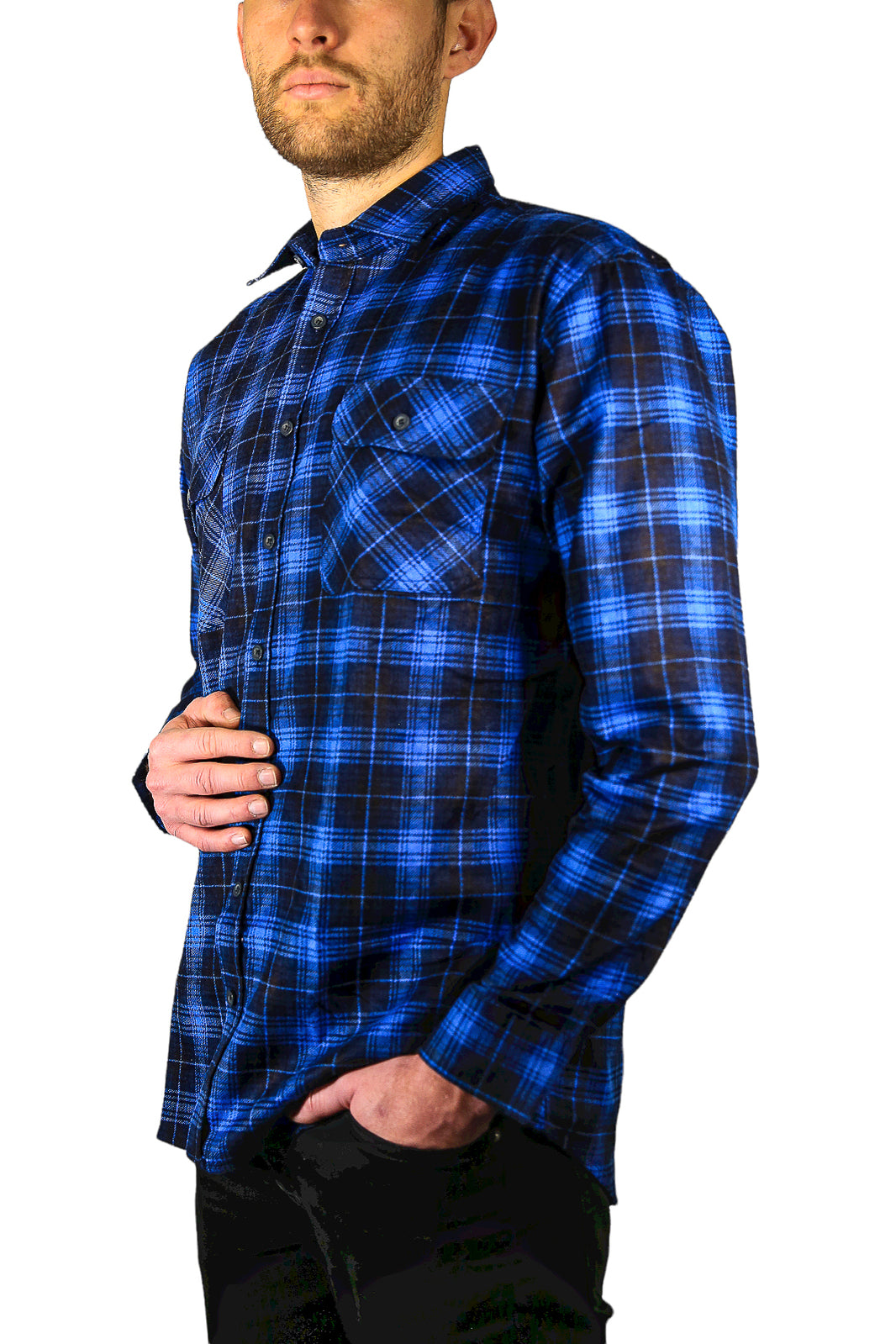 Mens 100% Cotton Flannelette Shirt Long Sleeve Check Authentic Flannel - Blue - 7XL