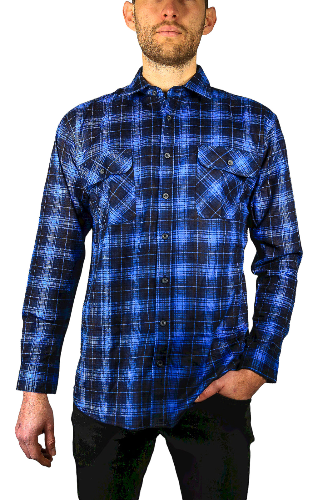 Mens 100% Cotton Flannelette Shirt Long Sleeve Check Authentic Flannel - Blue - XL