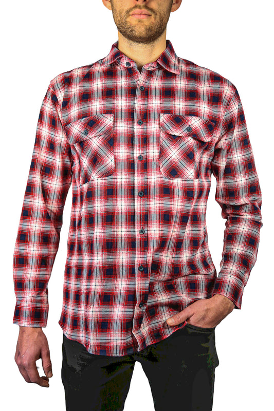 Mens 100% Cotton Flannelette Shirt Long Sleeve Check Authentic Flannel - Red/Navy - 6XL