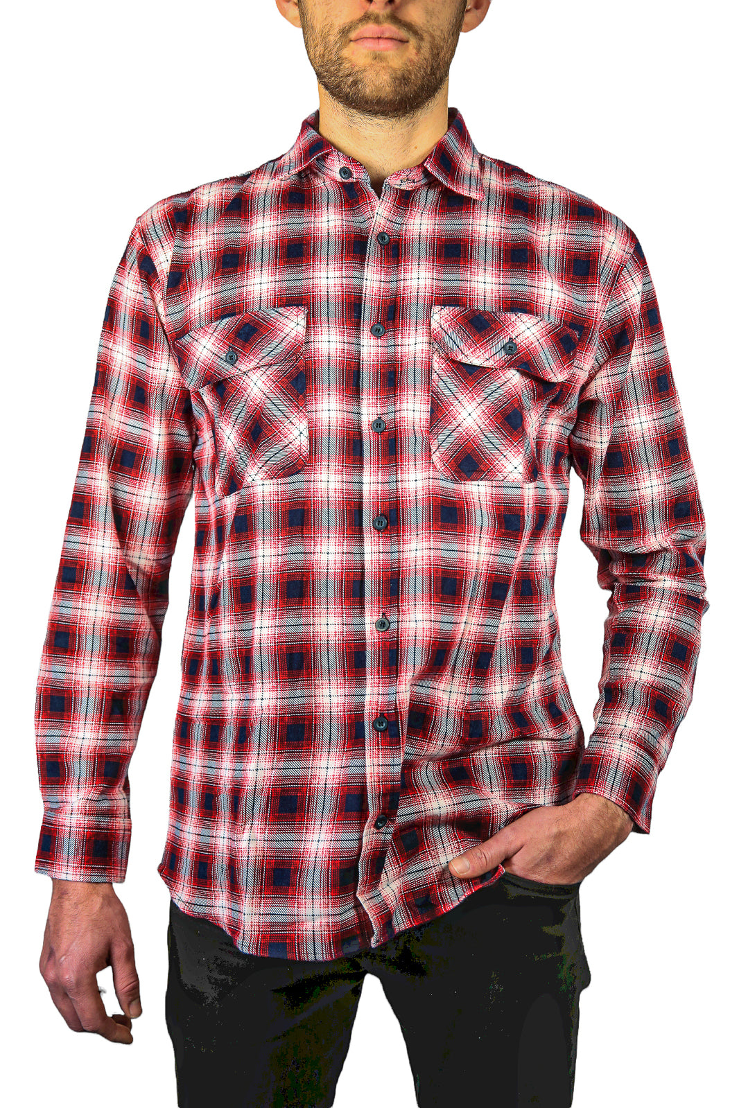 Mens 100% Cotton Flannelette Shirt Long Sleeve Check Authentic Flannel - Red/Navy - 9XL