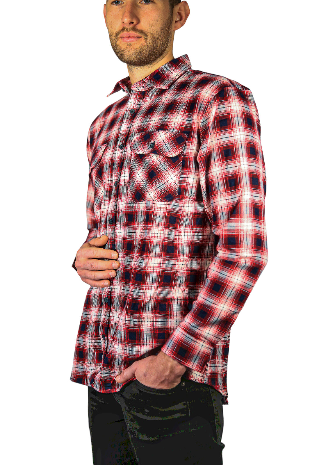 Mens 100% Cotton Flannelette Shirt Long Sleeve Check Authentic Flannel - Red/Navy - XL