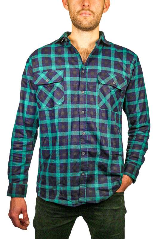 Mens 100% Cotton Flannelette Shirt Long Sleeve Check Authentic Flannel - Green/Navy - 3XL