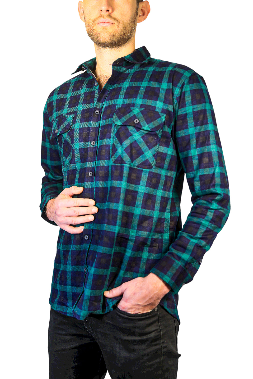Mens 100% Cotton Flannelette Shirt Long Sleeve Check Authentic Flannel - Green/Navy - 6XL