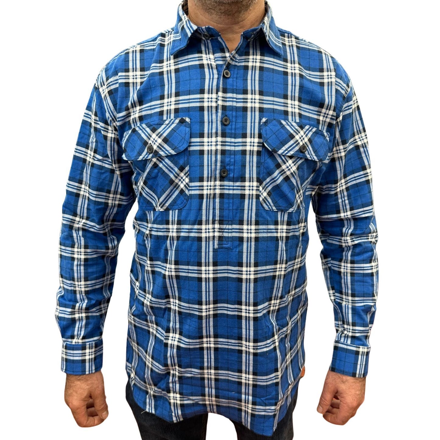 Mens Flannelette Long Sleeve Pullover Shirt 100% Cotton Flannel - Half Placket - Navy - 4XL