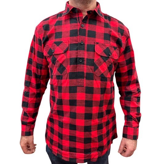 Mens Flannelette Long Sleeve Pullover Shirt 100% Cotton Flannel - Half Placket - Red/Black - 6XL