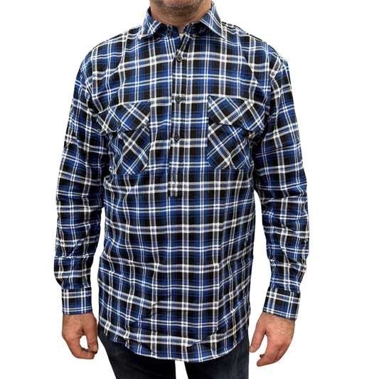 Mens Flannelette Long Sleeve Pullover Shirt 100% Cotton Flannel - Half Placket - Blue/Black - 7XL