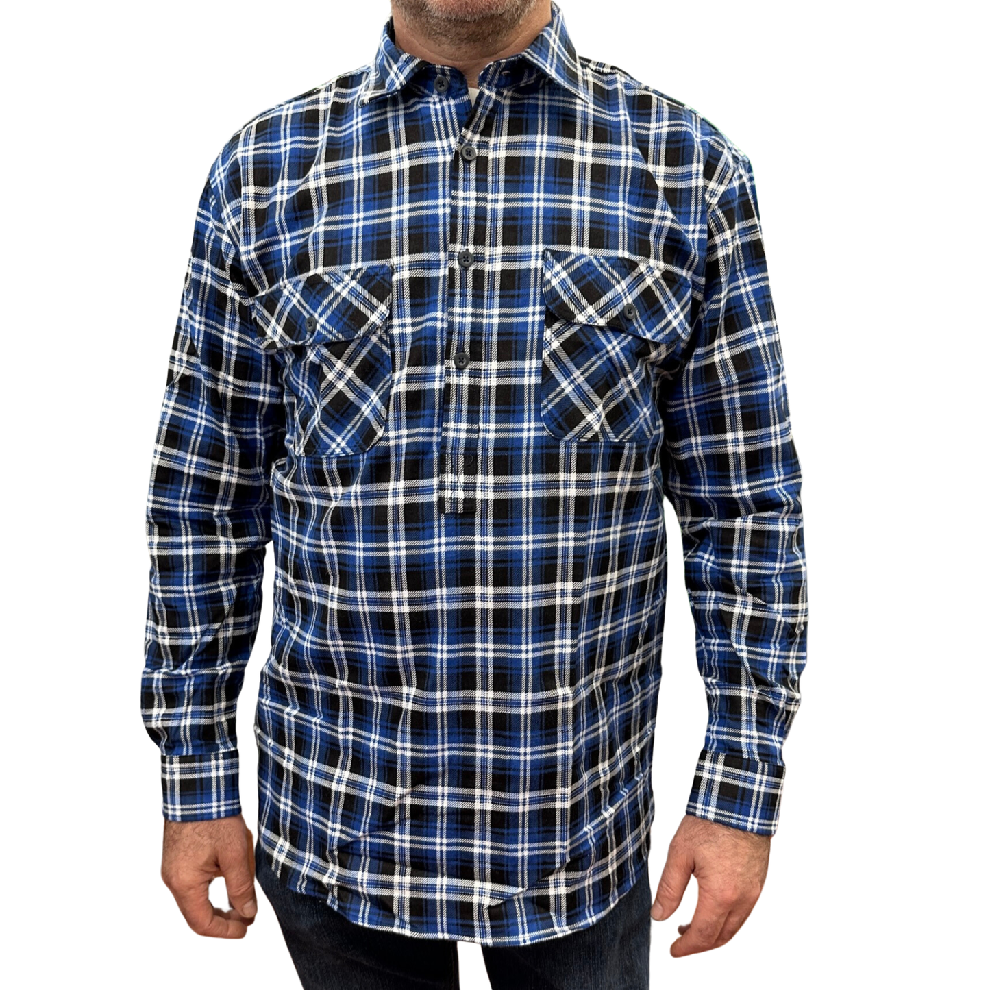 Mens Flannelette Long Sleeve Pullover Shirt 100% Cotton Flannel - Half Placket - Blue/Black - 7XL