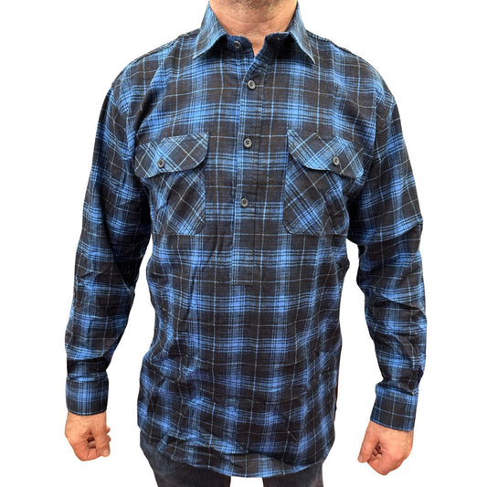 Mens Flannelette Long Sleeve Pullover Shirt 100% Cotton Flannel - Half Placket - Blue - 6XL