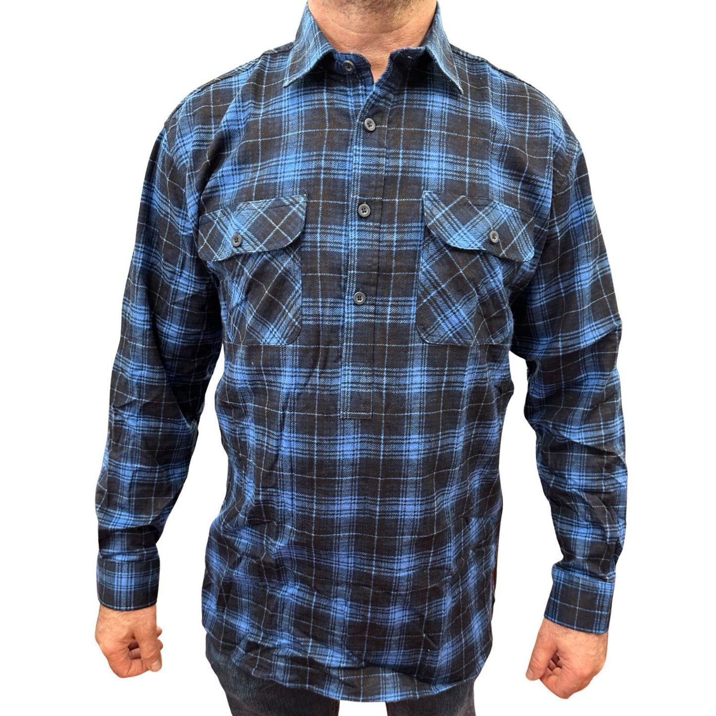 Mens Flannelette Long Sleeve Pullover Shirt 100% Cotton Flannel - Half Placket - Blue - 8XL