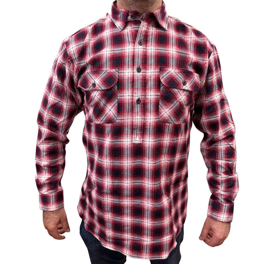 Mens Flannelette Long Sleeve Pullover Shirt 100% Cotton Flannel - Half Placket - Red/Black - 4XL