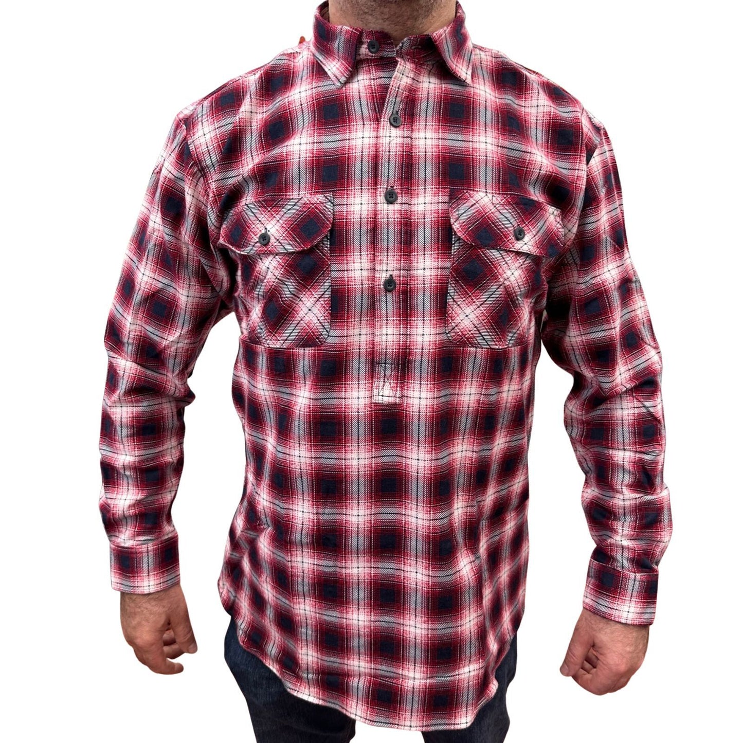 Mens Flannelette Long Sleeve Pullover Shirt 100% Cotton Flannel - Half Placket - Red/Black - 9XL